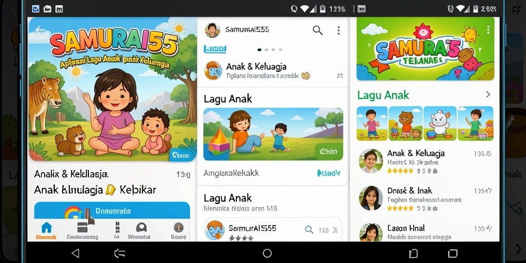 Antarmuka SAMURAI555 dengan pilihan lagu anak yang berwarna-warni.